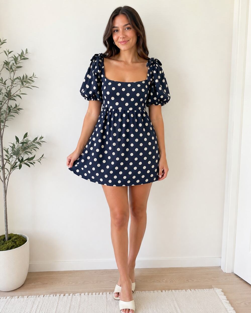 Dee Elly Black and White Polka Dot Puff Sleeve Mini dress